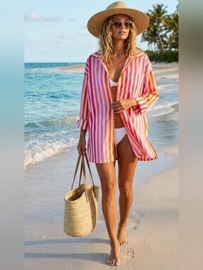 Beach Riot Striped Button Down Shirt Coverup Pink Orange Size L/XL